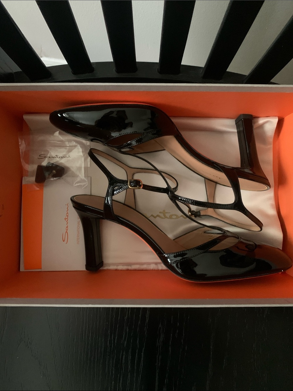 Santoni Black Patent Leather T-Strap Block Heel Pumps